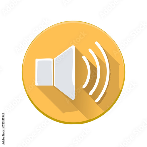 Volume Speaker Icon with Sound Waves in Yellow Circle Flat Design Long Shadow