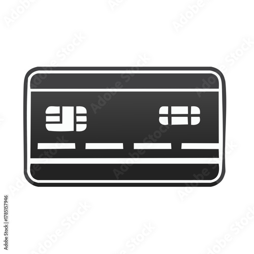 Black and white vector icon of a credit card with chip and magnetic stripe for financial transactions
