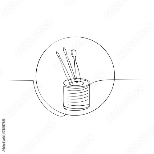Continuous line art drawing of painting tools in a can including brushes and a palette knife