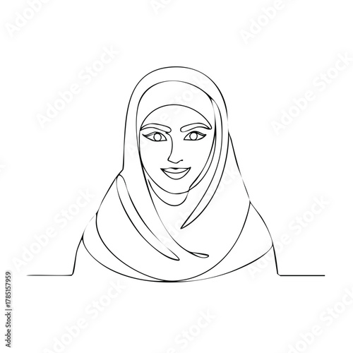 Line art of a Muslim woman wearing hijab. Minimalist vector illustration