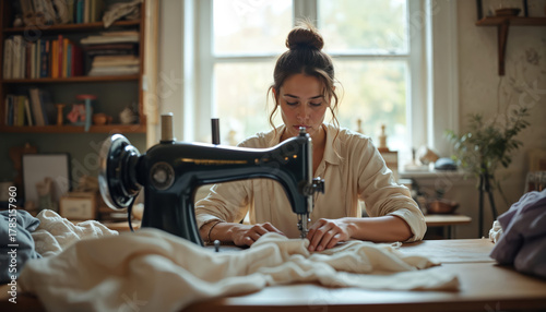 Young woman sews fabric on vintage sewing machine. Concentrates on handiwork in light-filled home studio. Seamstress creates fashion items, clothes, custom garments. Female artisan crafts textile