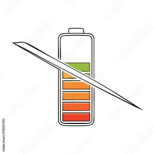 Battery level indicator with line through, low charge concept illustration