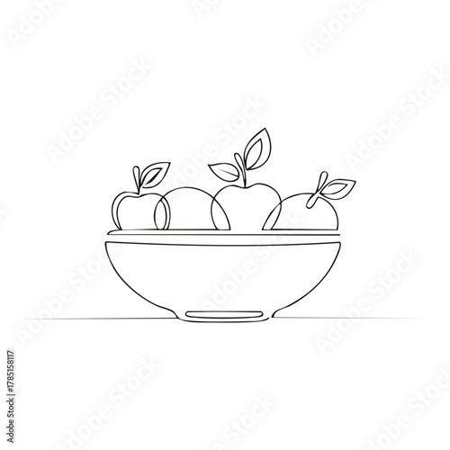 Minimalist continuous line art of apples in a bowl. Fruit still life drawing.