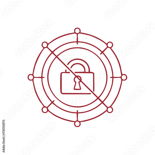 Unprotected data concept with a red crossed out padlock and target symbol