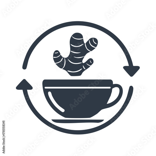Ginger root infused in a cup with circular arrow indicating preparation or consumption