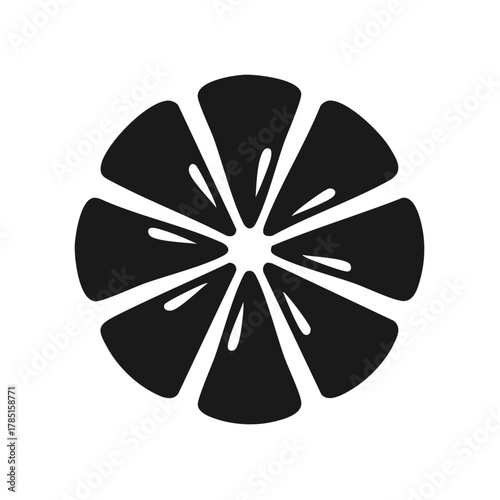 Stylized black silhouette of a citrus fruit slice with eight segments and juice droplets