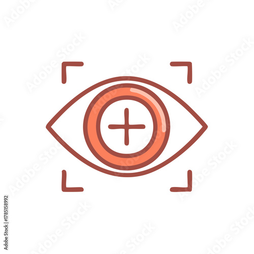 Eye with plus sign and brackets icon, concept of focus, vision, and recognition.