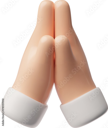 3d Gesture of hands folded together with white sleeves, prayer, request, meditation.
