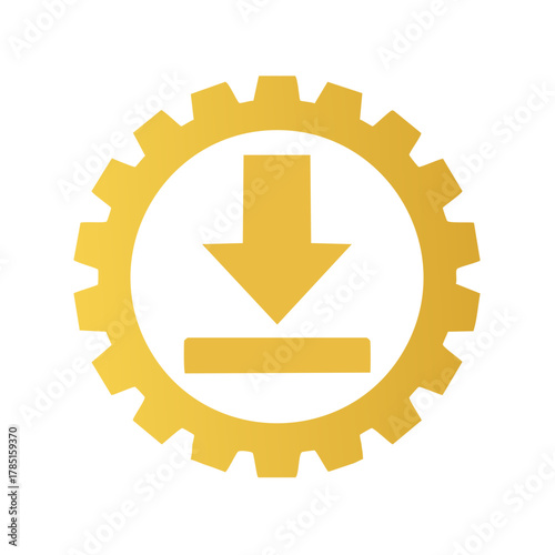 Golden Gear Icon with Download Arrow Sign Symbol Representing Software Updates and Installation Process