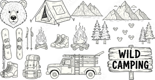 Wild camping, outdoor adventure, bear illustration, hiking gear, mountain scene, tent, campfire, backpack, pickup truck, flat vector illustration