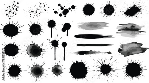 Black ink splatter set, grunge brush strokes, smudge texture elements, abstract paint marks, artistic vector stains, flat vector illustration