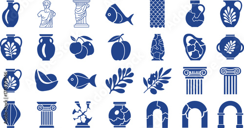 Classical art icons, ancient pottery, sculpture motifs, Greek Roman style, archaeology symbols, flat vector illustration, blue white design, decorative set