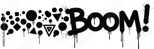Graffiti explosion, BOOM text, dripping paint, bold letters, geometric shapes, urban art, dynamic burst, flat vector illustration, black white design