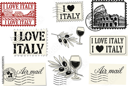 Italy travel stamps, vintage postal design, Colosseum illustration, olive branch art, wine glass sketch, flat vector illustration, Italian symbols