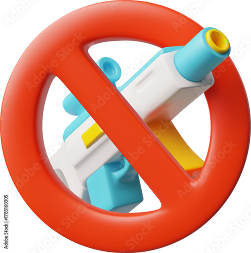 Laser tag gun with stop red sign 3D cartoon vector icon, forbidden ray shotgun, prohibited game weapon blaster toy