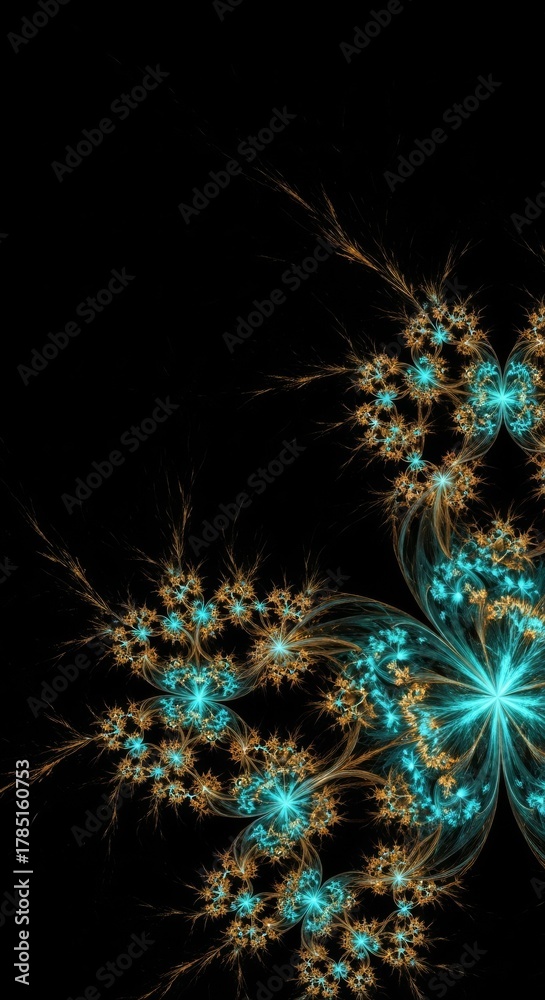 Fototapeta premium Abstract fractal design with turquoise and gold glowing starbursts on a black background
