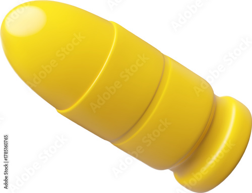 Bullet 3D cartoon plastic style vector icon, game gun weapon blaster toy patron equipment, yellow firearm ammunition