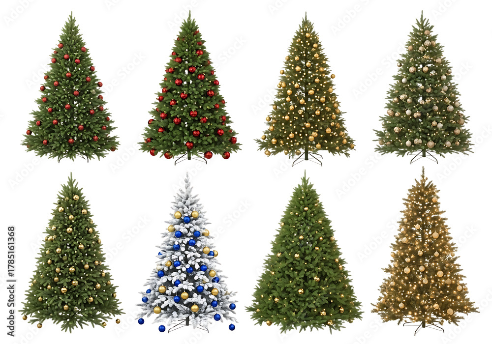 Obraz premium Diverse Collection of Decorated Christmas Trees Isolated Against Black Background