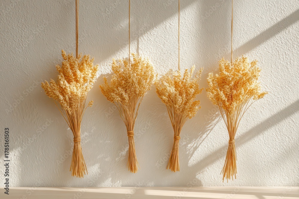 Obraz premium Four dried golden wheat bundles gracefully hanging on a textured wall.