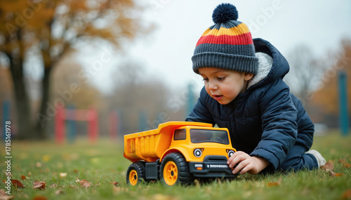 Little boy plays with yellow toy truck on green grass. Child wears warm beanie, jacket outside. He explores park ground on autumn day. Kid enjoys childhood fun and leisure activity outdoors.