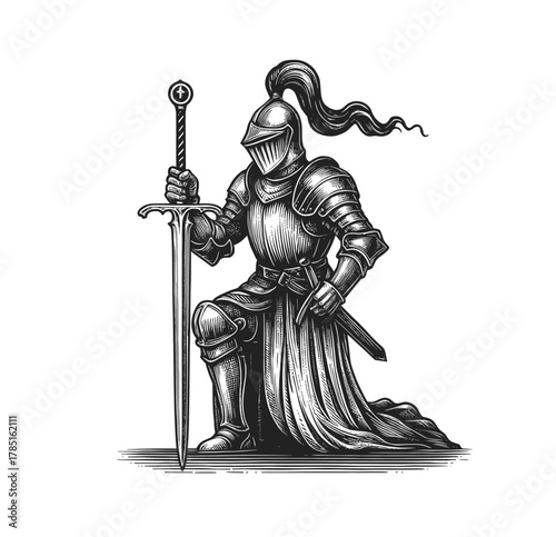 Kneeling Knight in Armor – Medieval Warrior Engraving