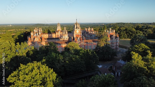 Aerial view of the main building of Royal Holloway University, London, England