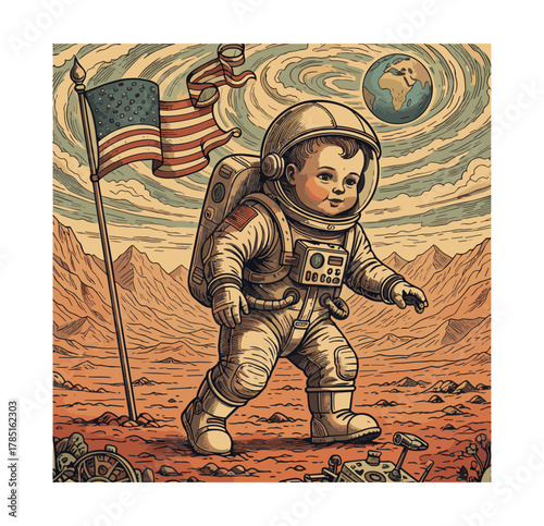 Baby Astronaut on Mars – Retro Space Exploration Illustration