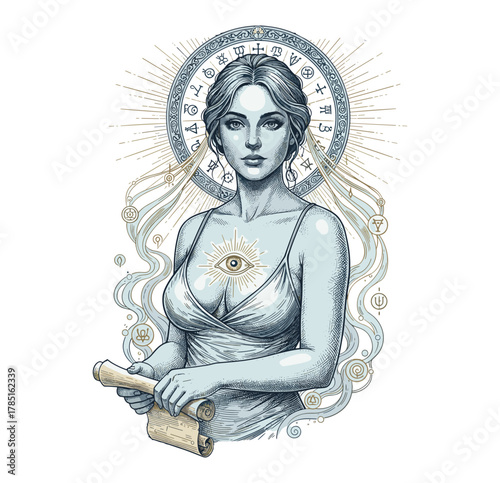 Mystic Woman with Scroll and Illuminated Eye – Esoteric Engraving Art