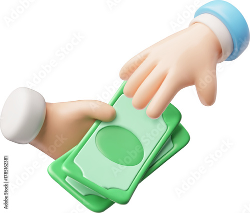 3D icon of hands exchanging dollar bills, transaction, payment, service.