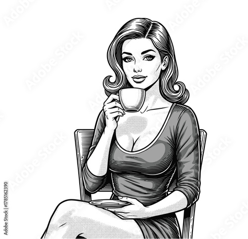 Elegant Woman Drinking Coffee – Vintage Engraving Illustration