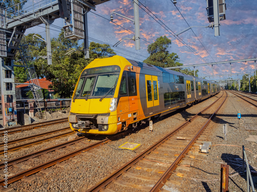 Fototapeta premium Passenger Train going through Summer Hill train station a suburban Sydney train Station NSW Australia