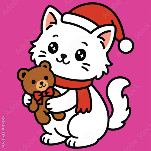 Cute white cat dressed for festive christmas holidays