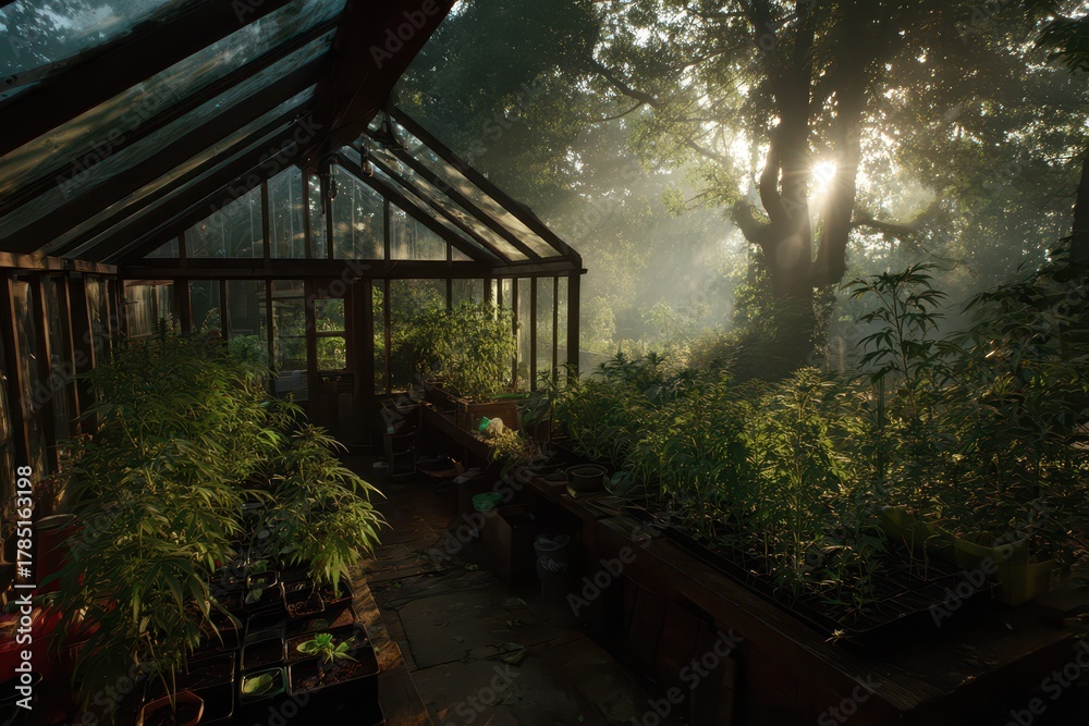 Fototapeta premium Lush greenhouse filled with plants, bathed in soft sunlight streaming through trees, creating a warm and inviting indoor garden scene with a touch of mystery.