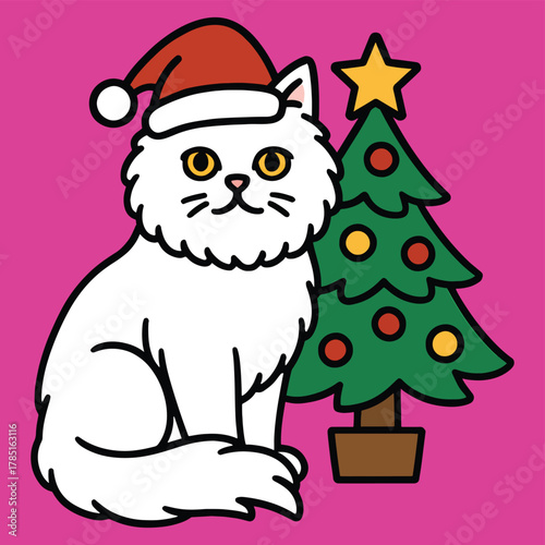 Cute white cat wearing a santa hat by christmas tree