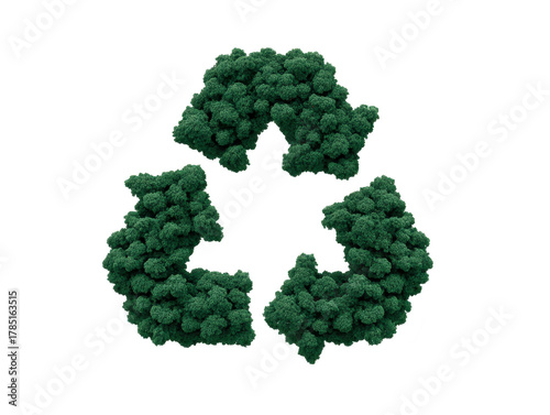 Recycling symbol made of dense green trees, representing environmental conservation, sustainability, and eco friendly practices, promoting nature protection and forest preservation