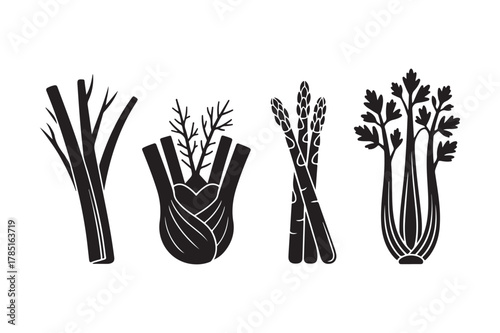 Stylized silhouette icons of fresh vegetables: leek, fennel, asparagus, and celery