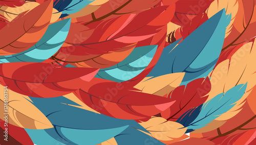 A solid background with large feathers in vibrant colors. Abstract background. Background image for screens, print, covers, etc. EPS 10.