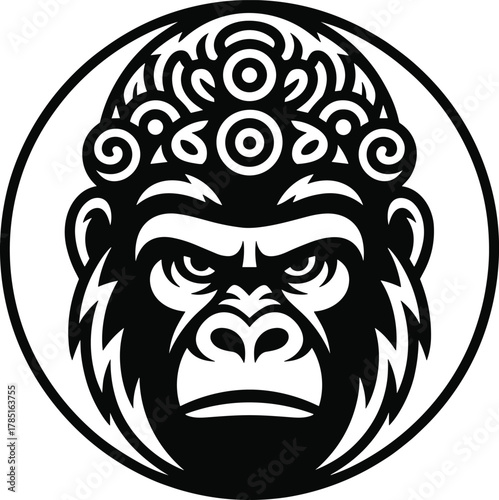 Gorilla head illustration, tribal art design, fierce ape face, bold black and white vector, wildlife strength, jungle animal logo