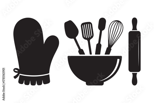 Kitchen cooking and baking utensil graphic set with mitt, bowl and tools