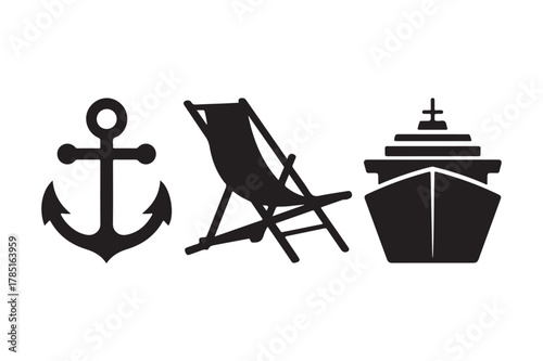 Travel and vacation concept with anchor, beach chair, and cruise ship icons.