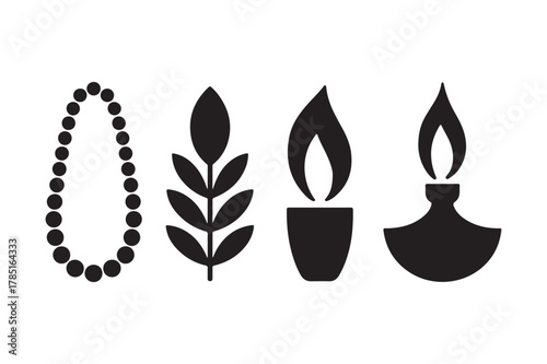 Sacred symbols: prayer beads, nature, candle flame, oil lamp vector set