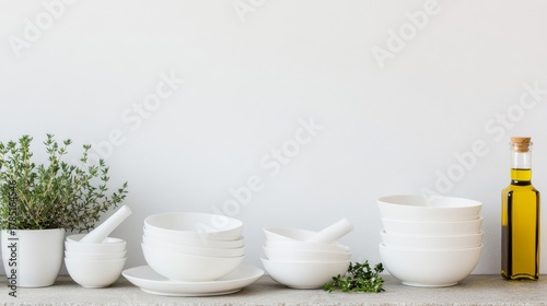 Wallpaper Mural White Bowls with Olive Oil and Thyme, Kitchenware , Tableware Torontodigital.ca