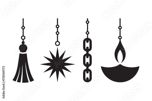 Hanging decorative elements: tassel, star, chain, and traditional diya lamp icon set