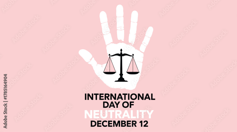 Obraz premium International Day of Neutrality Graphic: Scale of Justice Icon on Hand Symbolizing Impartiality, Diplomacy, and Peace Advocacy