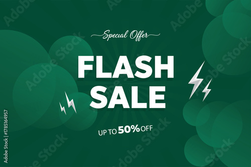 Modern green flash sale banner template. Get up to 50% off promotion. Limited time special offer background for marketing, social media, and advertising.