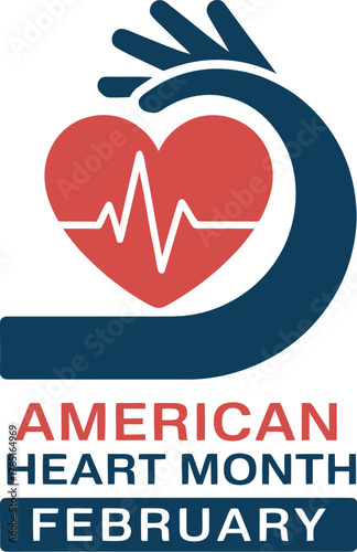 American Heart Month February Graphic: Hand Supporting Heart with EKG Line Symbolizing Cardiovascular Health and Disease Awareness
