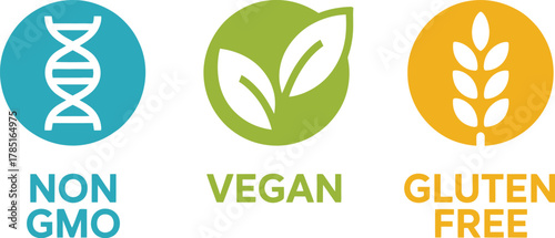 Non GMO Vegan Gluten Free Icon Set: Triple Certified Food Labeling Graphic for Healthy, Plant-Based, and Allergen-Free Products