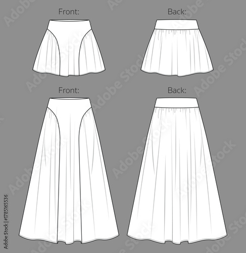 Vector tired maxi skirt fashion CAD, woman bohemian flared mini skirt with gathering technical drawing, template, flat, sketch. 2 pcs set of skirt with flowing hem, front, back view, white color