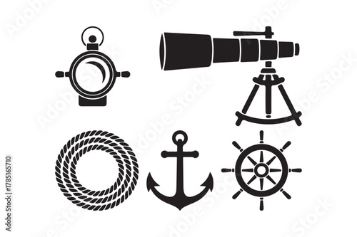 Nautical themed collection of maritime voyage icons and explorer equipment