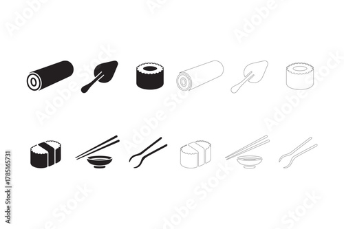 Sushi and japanese food icons set with chopsticks spatula and rolls outlined